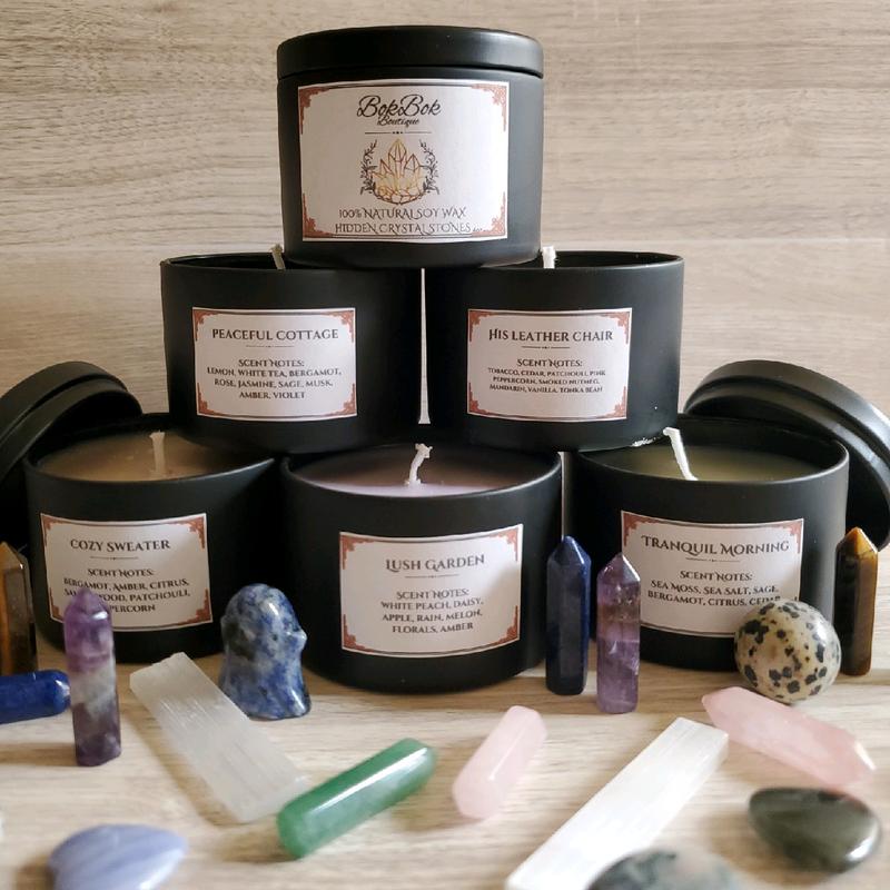 Hidden Crystal Candles: 100% natural Soy Wax with genuine crystals hidden inside.