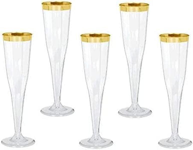 30 Plastic Classic Champagne Disposable Flutes for Parties Plastic cups Wedding Party Toasting Cocktail Cups Bulk Party Pack (Gold Rim)