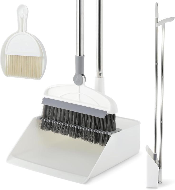 Broom with Dustpan Combo Set, 2 in 1 Broom and Dustpan Set with Long Handle, Upright 180 Rotating Broom with Brush and Lightwight Dust Pans for Home Kitchen Room Office Lobby Floor CleaningWhite