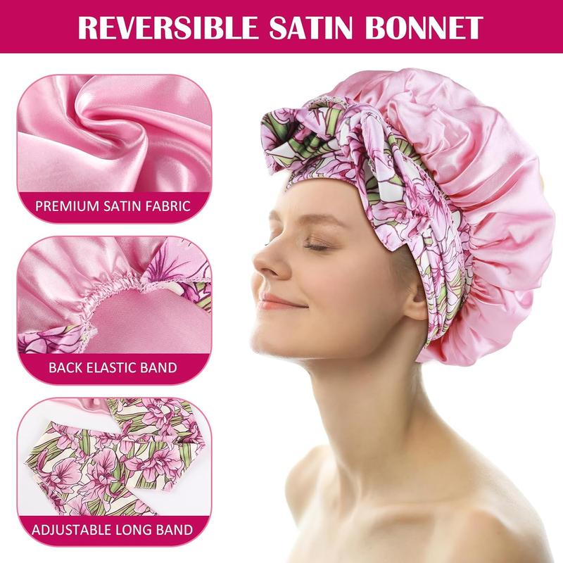 Satin Bonnet for Sleeping, Large Silk Sleep Cap Satin Hair Bonnets with Printed Tie Band and Scrunchies, Shower Caps for Women Curly Hair(Pink)