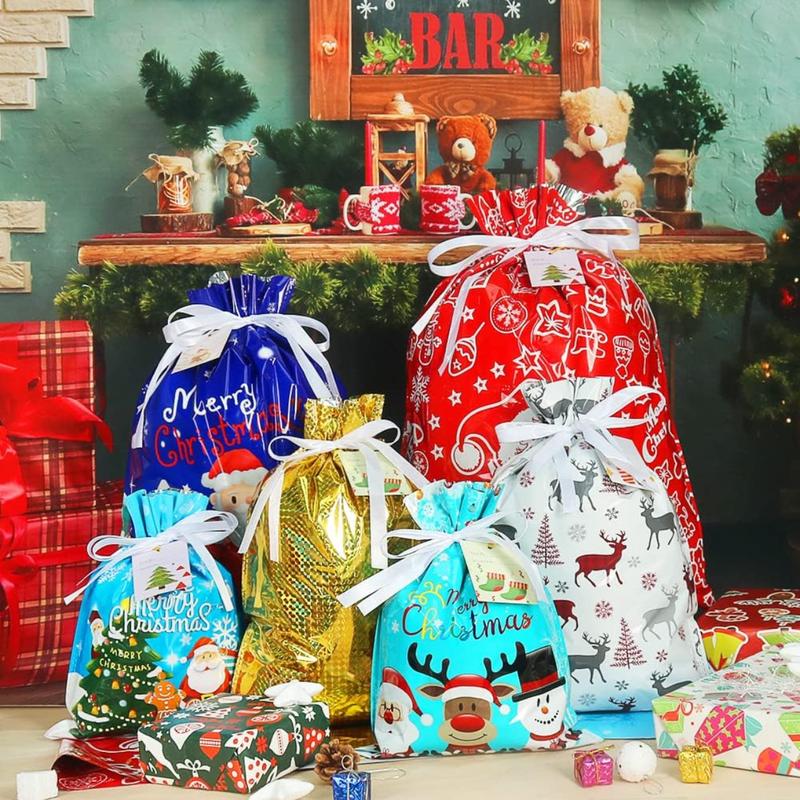 Christmas Foil Sacks Pouches with Gift Tag, 15pcs Package Holiday Gift Wrapping Bags Drawstring for Xmas Presents Party Favor