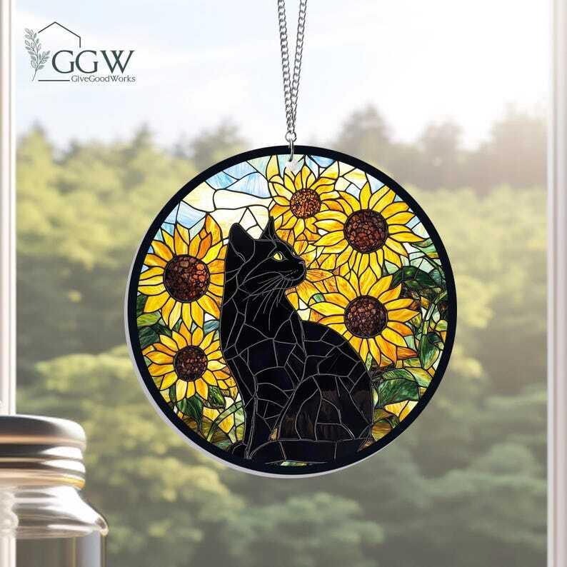 Sunflower Black Cat ACRYLIC Hanging Sign, Cat Decor, Cat Lovers, Cat Memorial, Gift for Cat Lovers, Sunflower Gift for Mom, Memorial Gift