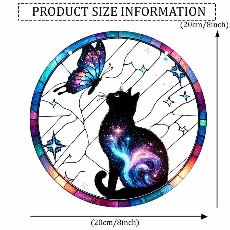 Cat & Butterfly Pattern Sun Catcher, 1 Count Colorful Stained Glass Hanging Decor, Decorative Window Hanging for Porch, Patio, Garden, Office