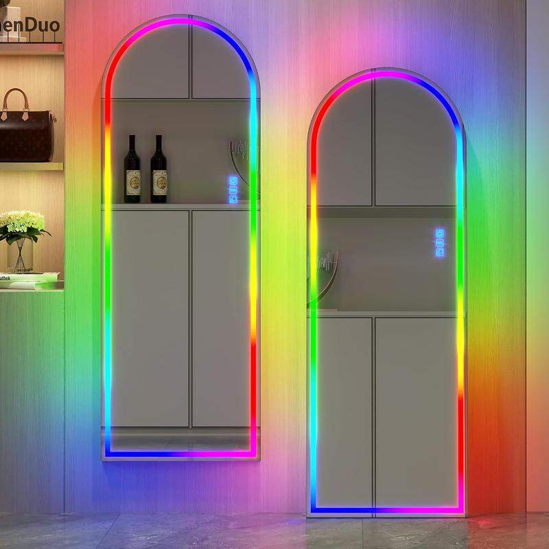 LVSOMT Arch Full Length Mirror with RGB LED Lights, Wall Mounted Over The Door Full Body Mirror, Arched Light Up Mirror, Hanging Lighted Mirror for Bedroom, Living Room, Cloakroom (Black)