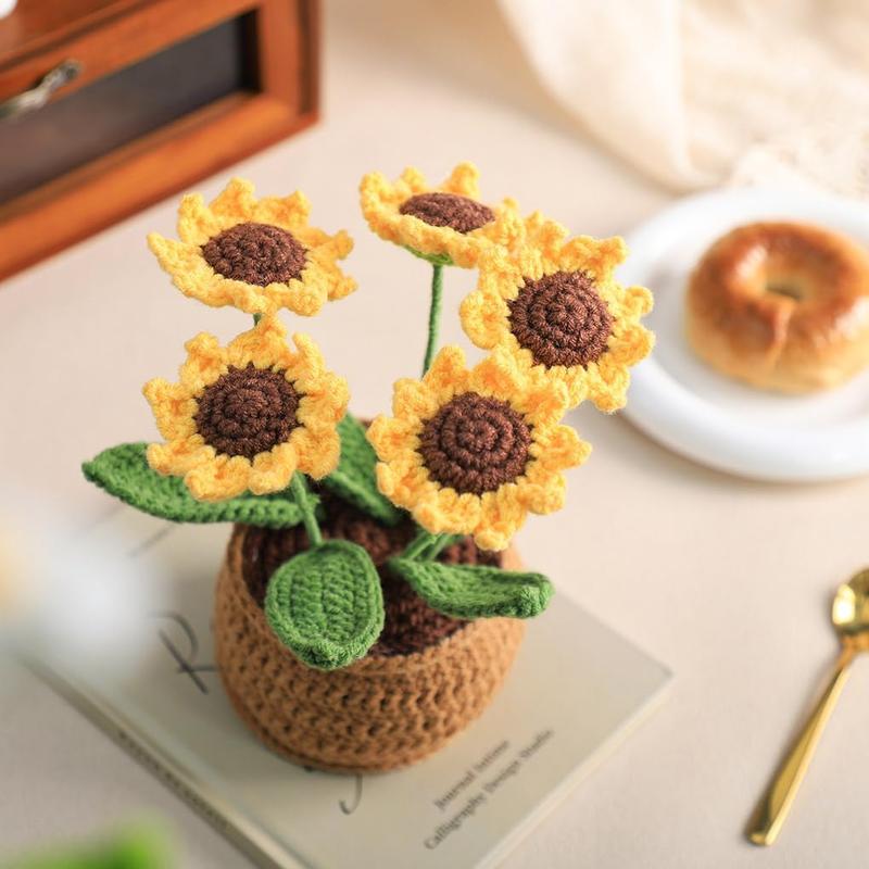 Handmade Crochet Flowers with Vase, Lovely Knitting Flower Potted Plant for Home Office Desk Shelf Decoration Decorative Fruit