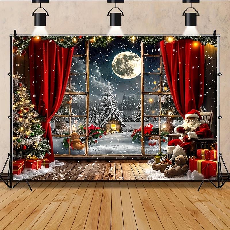 Merry Christmas Pink Magic Wonderland Background - Vintage wooden house and snow tree design, peach velvet tapestry, suitable for living rooms, outdoor decoration, live streaming and photo booths