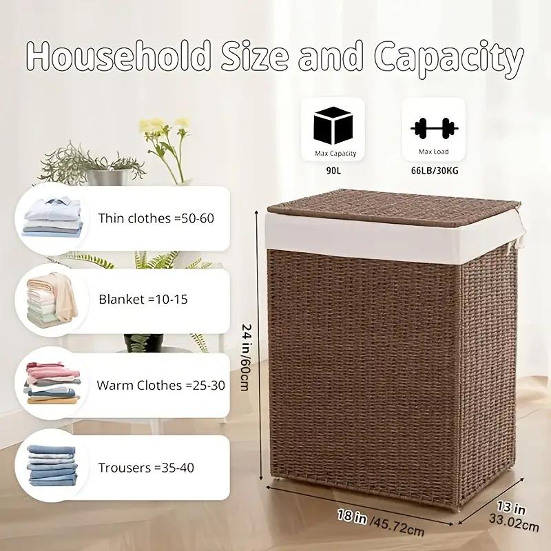 23.8 Gal (90L) Laundry Hamper with Lid, Wicker Hamper with Removable Liner Bags, Foldable Woven Paper Rope Hamper for Laundry Room, Bedroom