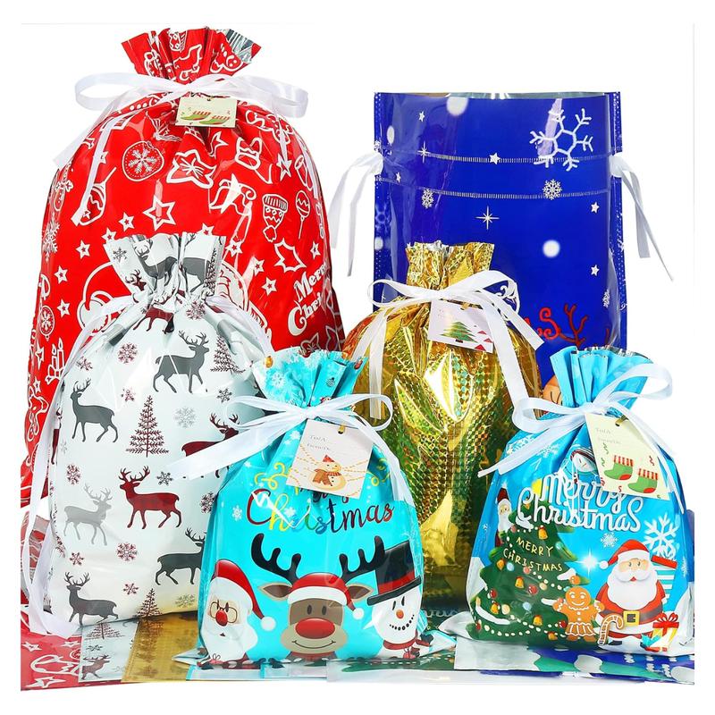 Christmas Foil Sacks Pouches with Gift Tag, 15pcs Package Holiday Gift Wrapping Bags Drawstring for Xmas Presents Party Favor