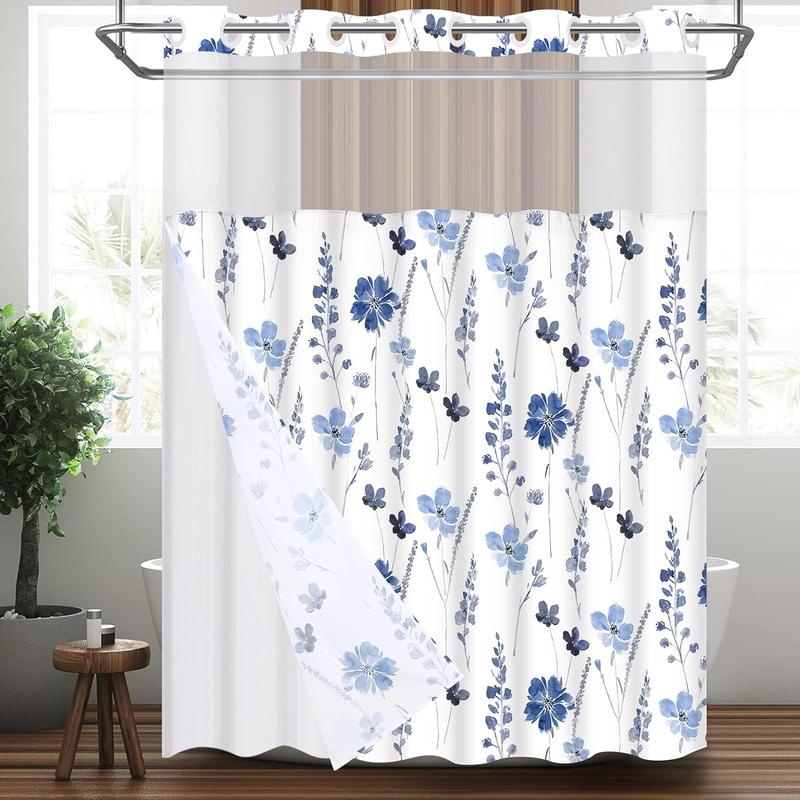 No Hook Shower Curtain with Snap Liner,Blue Watercolor Flower Shower Curtain with Liner,Shower Curtain with See Through Top Window,Double Layer shower curtain