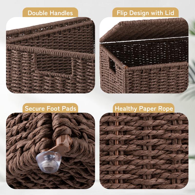 23.8 Gal (90L) Laundry Hamper with Lid, Wicker Hamper with Removable Liner Bags, Foldable Woven Paper Rope Hamper for Laundry Room, Bedroom