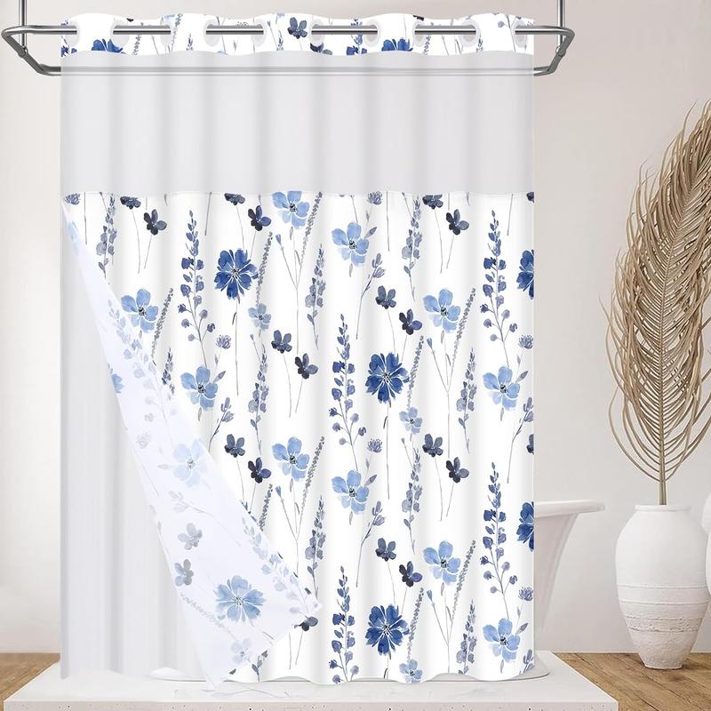 No Hook Shower Curtain with Snap Liner,Blue Watercolor Flower Shower Curtain with Liner,Shower Curtain with See Through Top Window,Double Layer shower curtain