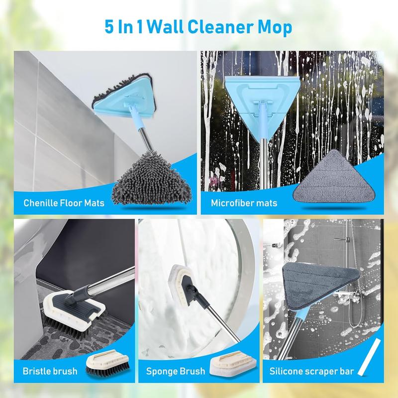 Wall Cleaner Mop with Long Handle 85 Inches Baseboard Cleaner Tool Duster with 6 Replacement Pad and 2 Tile Tub Brush, Wall Mop for Cleaning Ceiling Window Tile Tub, Blue Bathtub Household Microfiber Pet