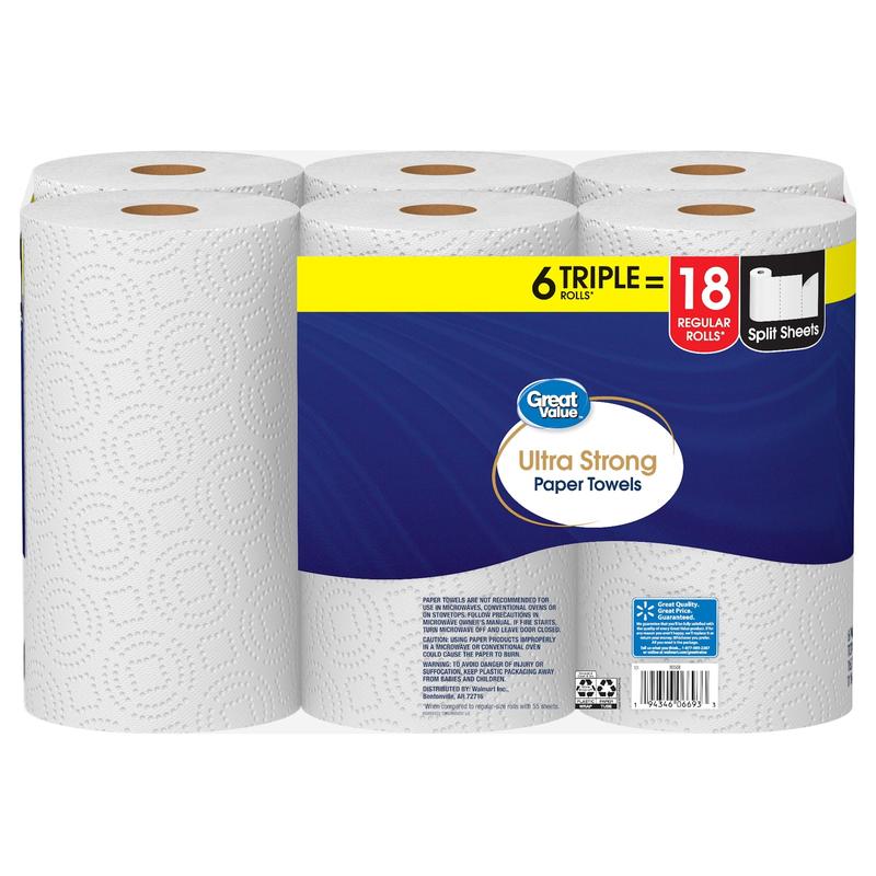 Great Value Ultra Strong Paper Towels, 6 Triple Rolls