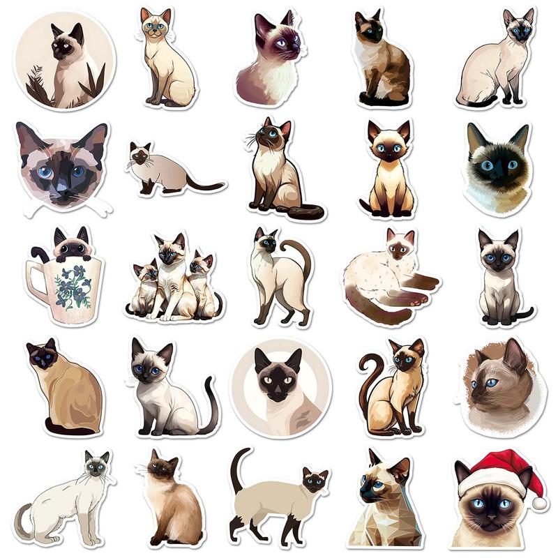 Cute Siamese Cat Pattern Sticker, 50pcs set Cartoon Sticker for DIY Scrapbooking Laptop Luggage Water Bottle Decoration, DIY Decorative Sticker