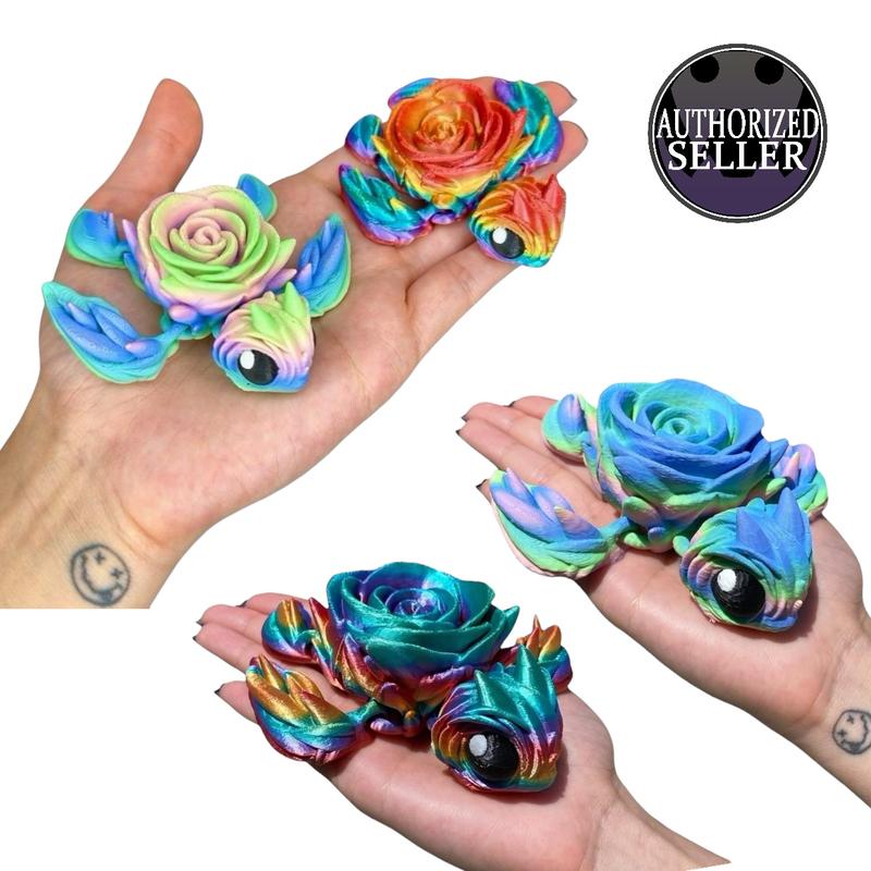 Rainbow Rose Turtle Articulated Figurines: Small & Large, Pastel, Silky & Glitter Finishes