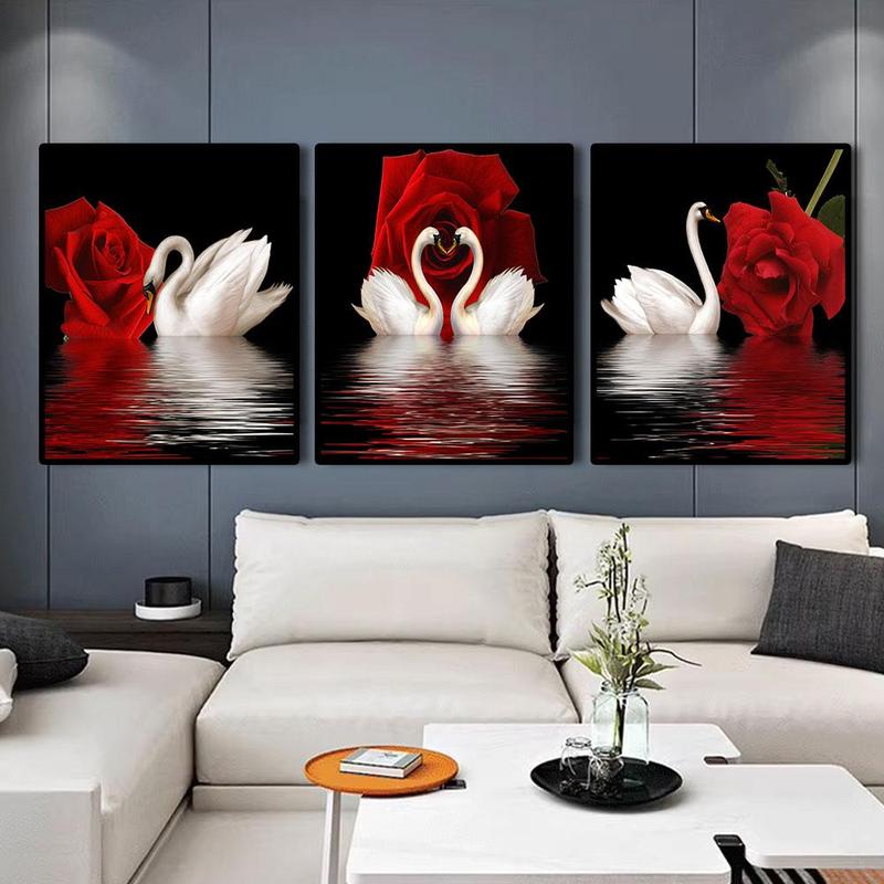 Swan & Rose Pattern Unframed Painting, 3 Counts set Modern Canvas Wall Art, Wall Decor for Home Living Room & Bedroom & Office & School