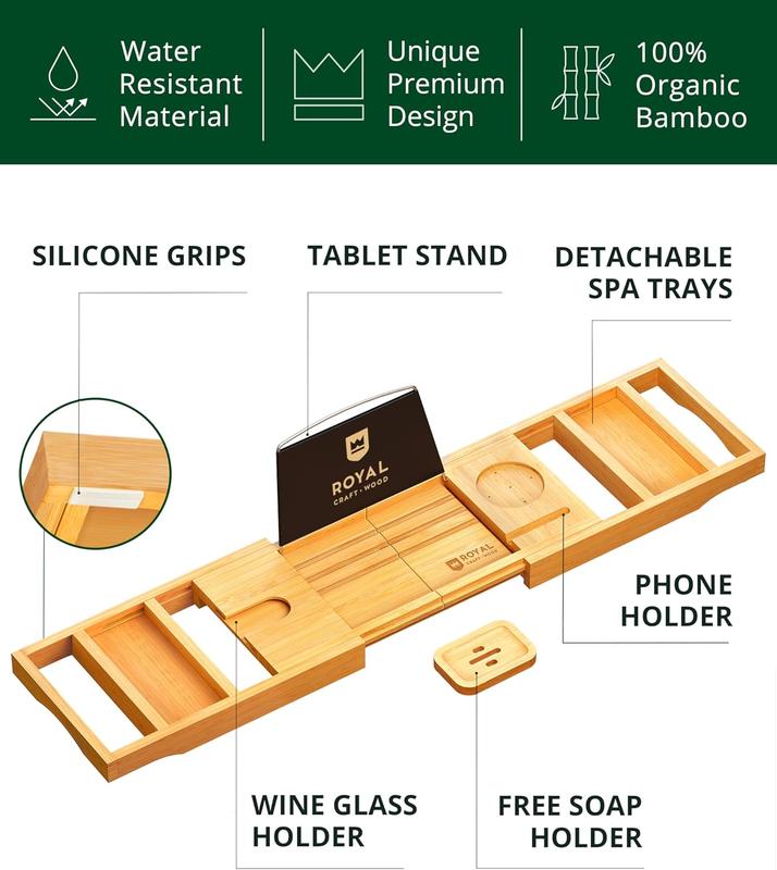 ROYAL CRAFT WOOD Premium Foldable Bathtub Tray - Expandable Bath Tray for Tub - Luxury Bathtub & Bathroom Accessories