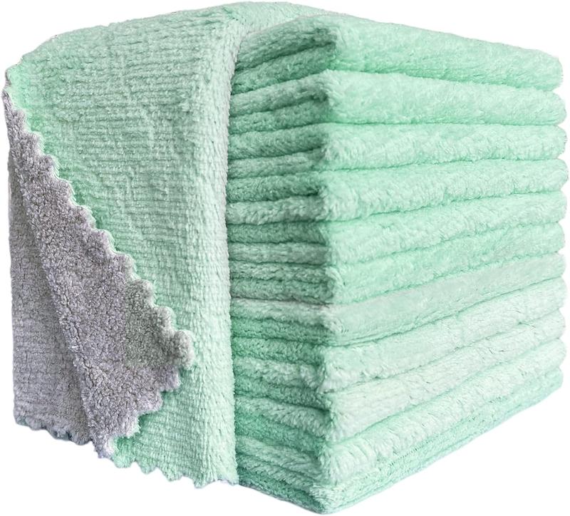 12 Pack Kitchen Cloth Dish Towels, 12x12 inch Soft Premium Dishcloths, Absorbent Microfiber Cleaning Cloth for Cleaning Dishes, Kitchen, Bathroom, Car (Green Gray) Velvet