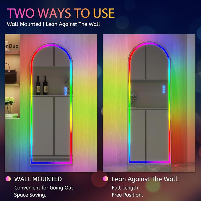 LVSOMT Arch Full Length Mirror with RGB LED Lights, Wall Mounted Over The Door Full Body Mirror, Arched Light Up Mirror, Hanging Lighted Mirror for Bedroom, Living Room, Cloakroom (Black)