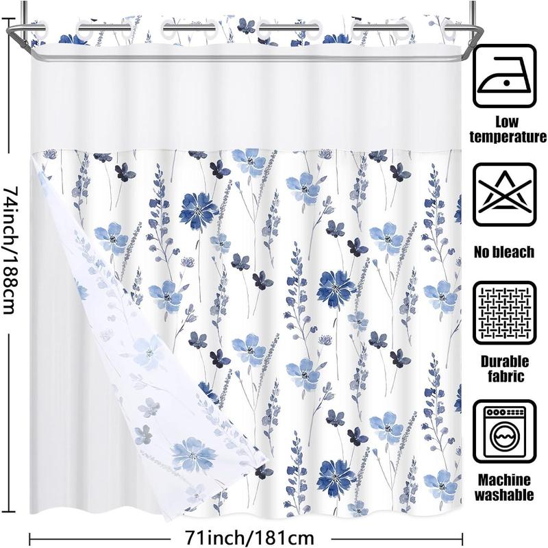 No Hook Shower Curtain with Snap Liner,Blue Watercolor Flower Shower Curtain with Liner,Shower Curtain with See Through Top Window,Double Layer shower curtain