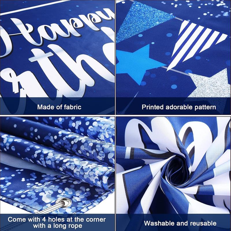 Happy Birthday Backdrop, Glitter Banner for Party Supplies, Photo Background (72.8 x 43.3 Inch, Silver & Navy Blue) Ornaments