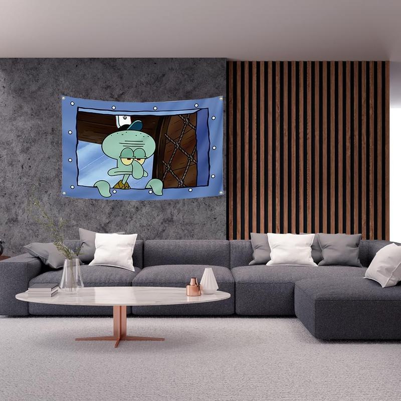 1 PCS Squidward Tentacles SpongeBob   Free 6-meter LED star light string Christmas New Year Decoration Cartoon Tapestry Dormitory Bedroom Wall squidward tapestry 2024 christmas ornament and  decor Hanging Lightweight Print