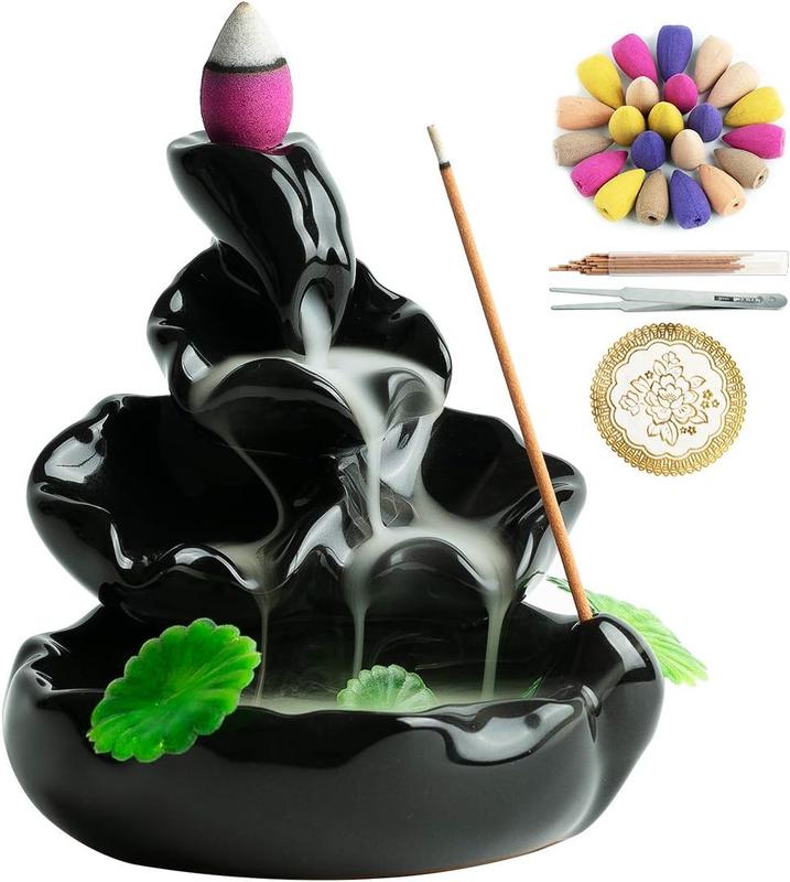 Cute Ceramic Backflow Incense Holder Waterfall Incense Burner with 48 Incense Cones and 30 Incense Stick, Incense Fountain for Home