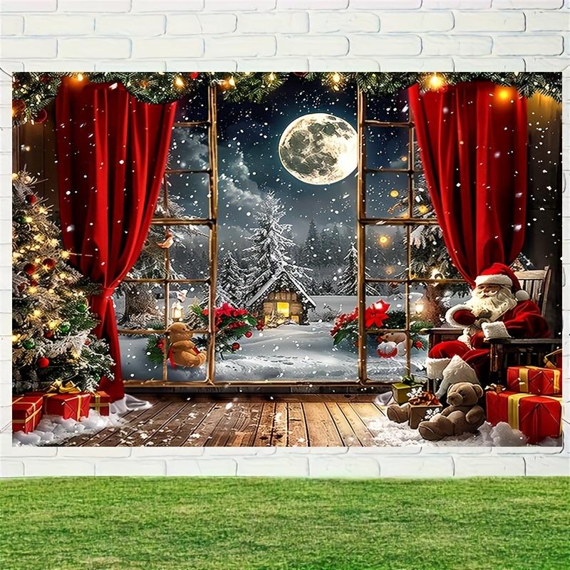 Merry Christmas Pink Magic Wonderland Background - Vintage wooden house and snow tree design, peach velvet tapestry, suitable for living rooms, outdoor decoration, live streaming and photo booths