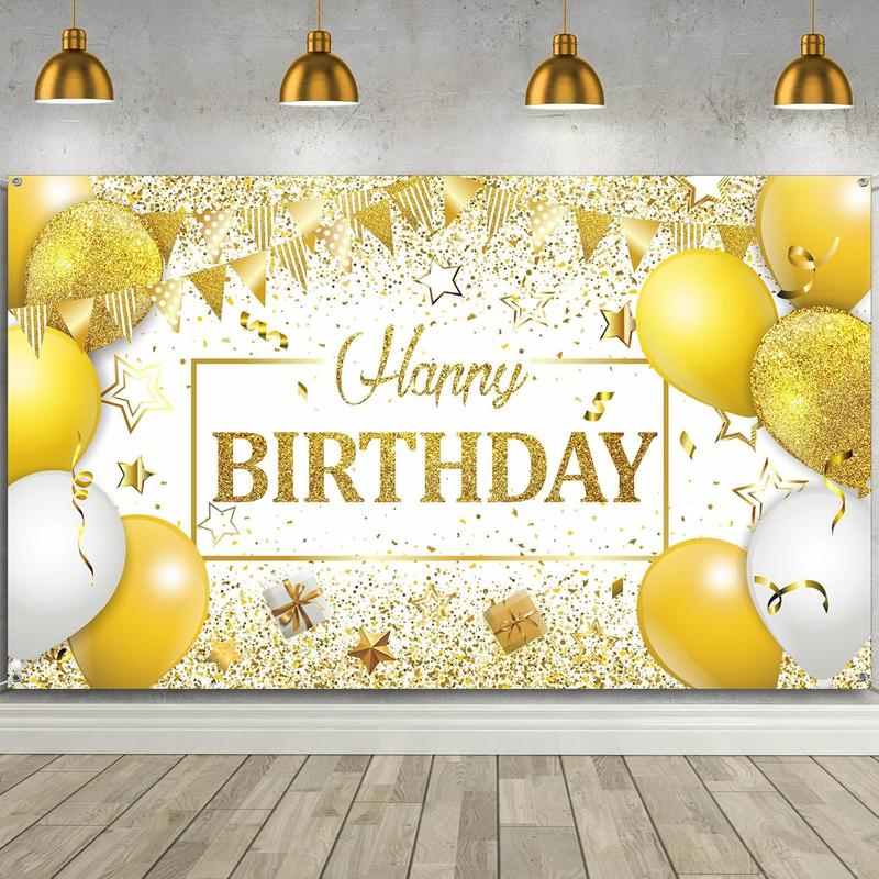 Happy Birthday Backdrop, Glitter Banner for Party Supplies, Photo Background (72.8 x 43.3 Inch, Silver & Navy Blue) Ornaments