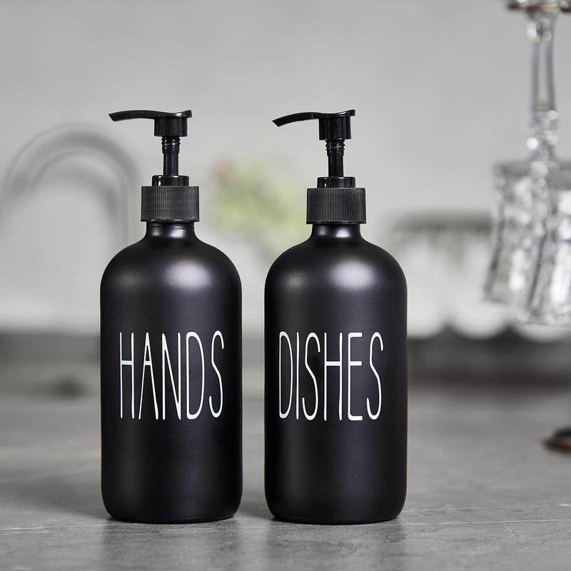 Glass Soap Dispenser Set 2 Pack,Contains Hand and Dish Soap Dispenser.Premium Kitchen Soap Dispenser Set for Kitchen Sink and Farmhouse Decor .16 Oz Black Soap Dispenser with Pumps -Black