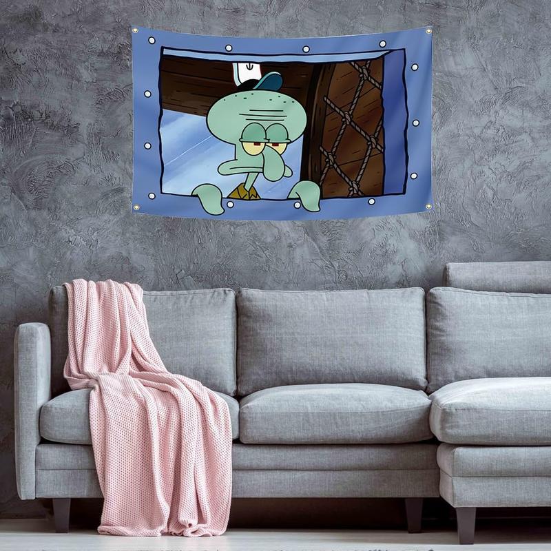 1 PCS Squidward Tentacles SpongeBob   Free 6-meter LED star light string Christmas New Year Decoration Cartoon Tapestry Dormitory Bedroom Wall squidward tapestry 2024 christmas ornament and  decor Hanging Lightweight Print