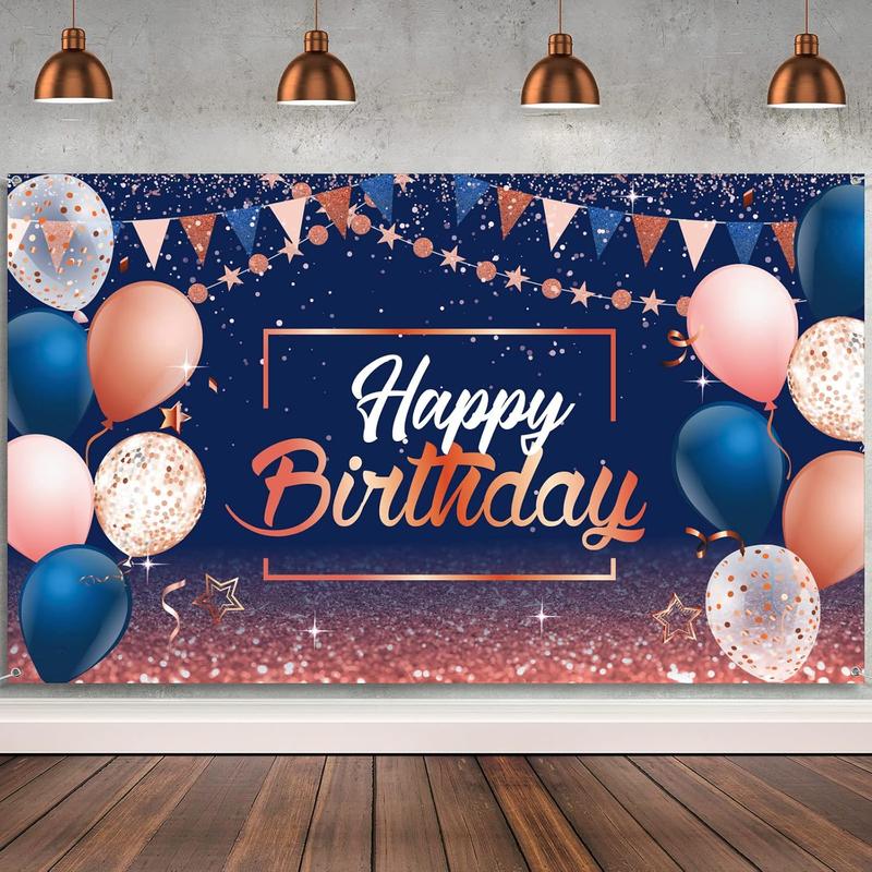 Happy Birthday Backdrop, Glitter Banner for Party Supplies, Photo Background (72.8 x 43.3 Inch, Silver & Navy Blue) Ornaments