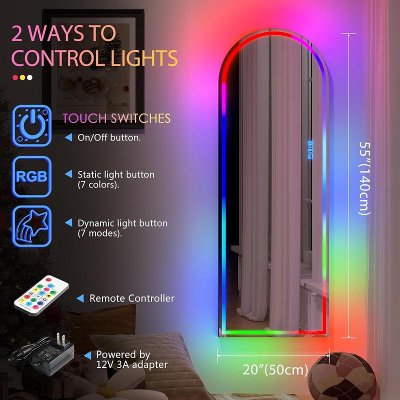 LVSOMT Arch Full Length Mirror with RGB LED Lights, Wall Mounted Over The Door Full Body Mirror, Arched Light Up Mirror, Hanging Lighted Mirror for Bedroom, Living Room, Cloakroom (Black)