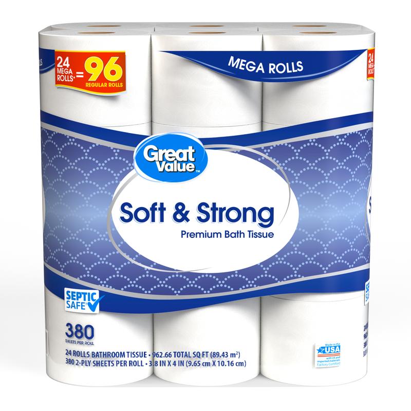 Great Value Soft & Strong Premium Toilet Paper, 24 Mega Rolls, 380 Sheets per Roll