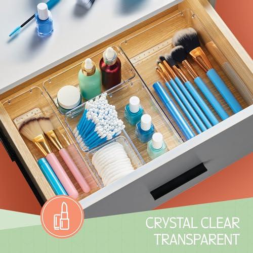 25 PCS Clear Plastic Drawer Organizers Set, 4 Sizes Clear Drawer Organizers & storage Bins for Makeup Jewelry Vanity, Kitchen Gadgets Or Office Desk. Bathroom Drawer Organizer Trays With Non-Slip Pads Boxes Containers