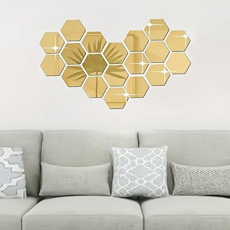 Hexagon Removable Mirror Wall Sticker, 12pcs Hexagon Self Adhesive DIY Wall Mirror, Decorative Wall Mirror Sticker for Kitchen Bedroom, Full-length Mirror, Home Decor