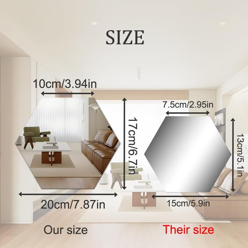 Manco Luella Mirror Wall Stickers, 12 count Hexagon Mirror 20x18cm Art DIY Home Decorative Hexagonal  Sheet Plastic Tiles Living Room Bedroom Sofa TV Background Wall Decal Decoration