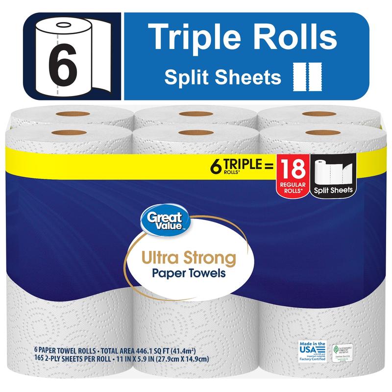 Great Value Ultra Strong Paper Towels, 6 Triple Rolls