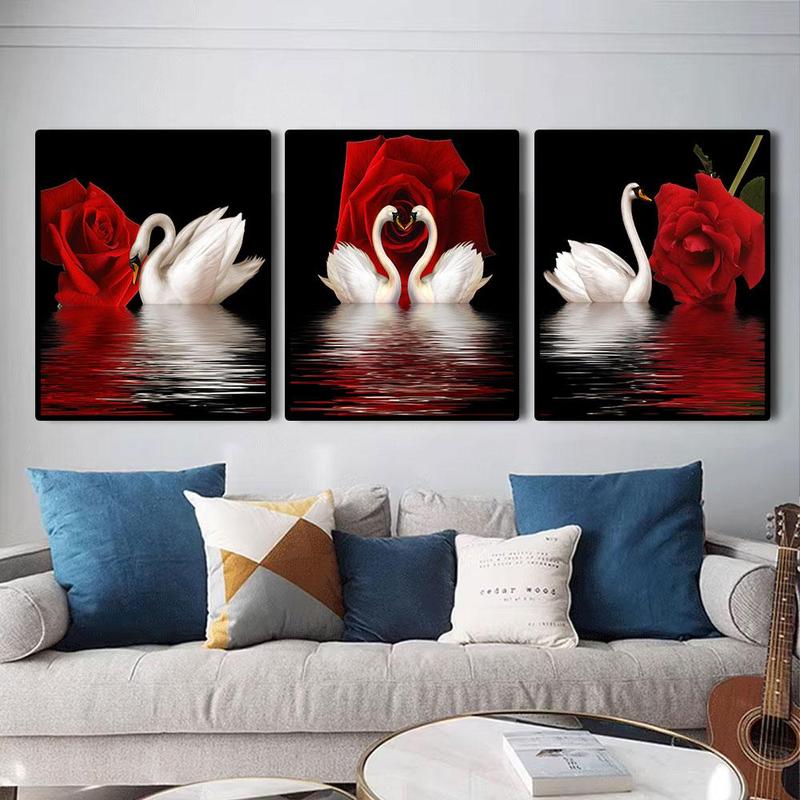 Swan & Rose Pattern Unframed Painting, 3 Counts set Modern Canvas Wall Art, Wall Decor for Home Living Room & Bedroom & Office & School