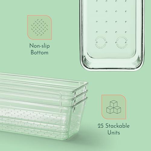 25 PCS Clear Plastic Drawer Organizers Set, 4 Sizes Clear Drawer Organizers & storage Bins for Makeup Jewelry Vanity, Kitchen Gadgets Or Office Desk. Bathroom Drawer Organizer Trays With Non-Slip Pads Boxes Containers