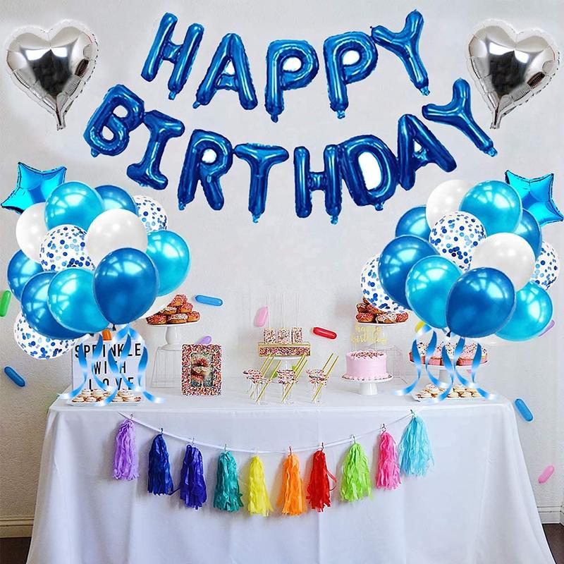 Blue Birthday Party Decorations Set with 38pcs Balloons, Confetti, Foil Balloons, Fringe Curtains for Unisex Blue Themed Events