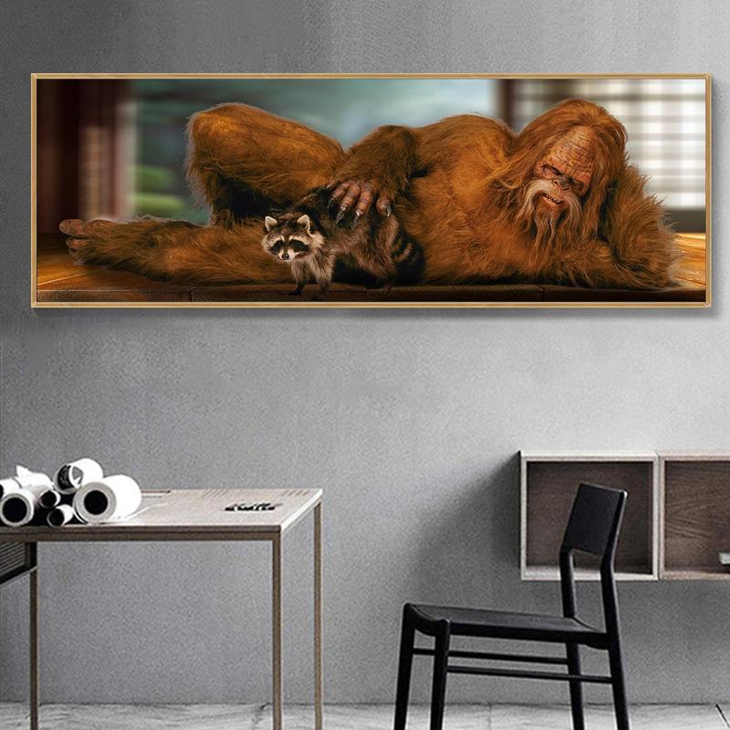 Sasquatch & Raccoon Pattern Canvas Poster without Frame, 1 Count Fashion Wall Art, Wall Decor for Home Living Room Bedroom Office