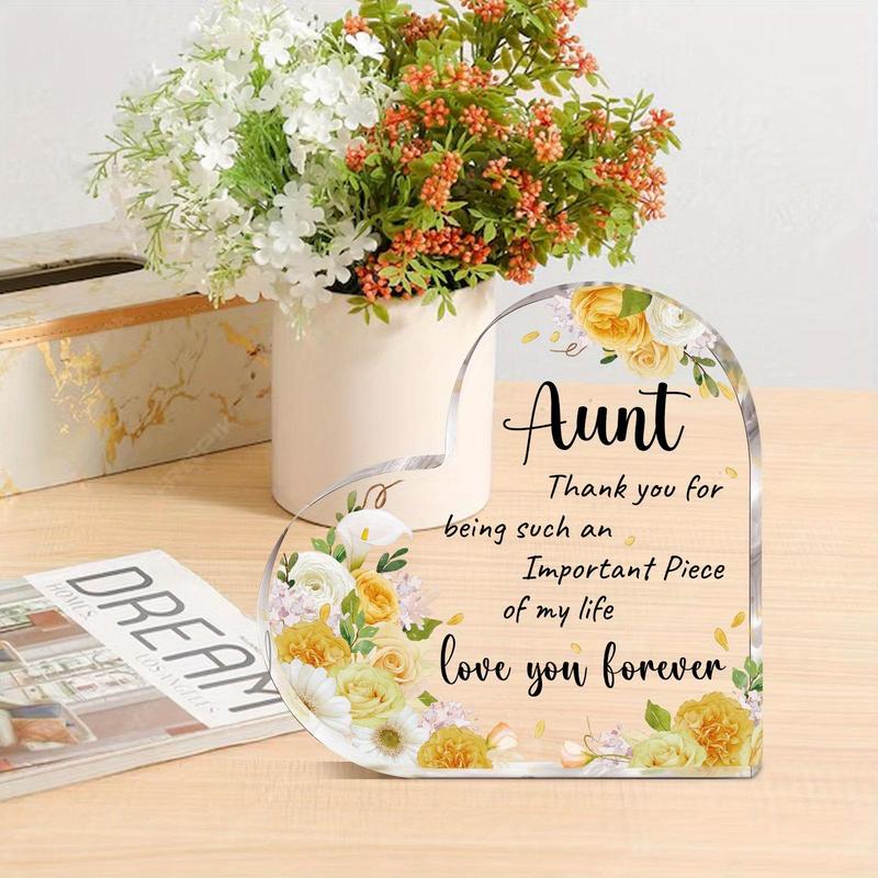 Thank for Aunt Acrylic Heart Shaped Ornament, 1 Count Flower Pattern & Letters Pattern Sign, Desktop Decoration for Home Office