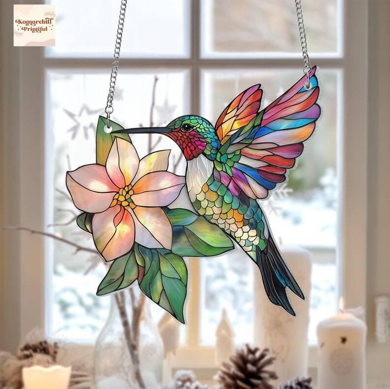 Hummingbird Window Hanging Ornament, Hummingbirds and Flowers Ornament, Home Decor Art, Wall Art, Gifts for Women