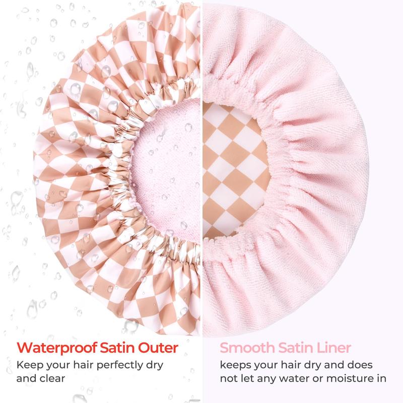 Shower Cap for Women Terry Lined Bath Cap Large Reusable Waterproof Elastic Pink Checkered Band Shower Caps for Long Thick Hair Soft Bath Shower Hair Caps