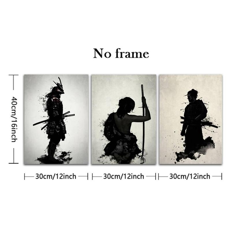 Japanese Samurai Ink Style Poster, 3 Counts Canvas Painting without Frame, Wall Art Decor for Home Living Room Bedroom