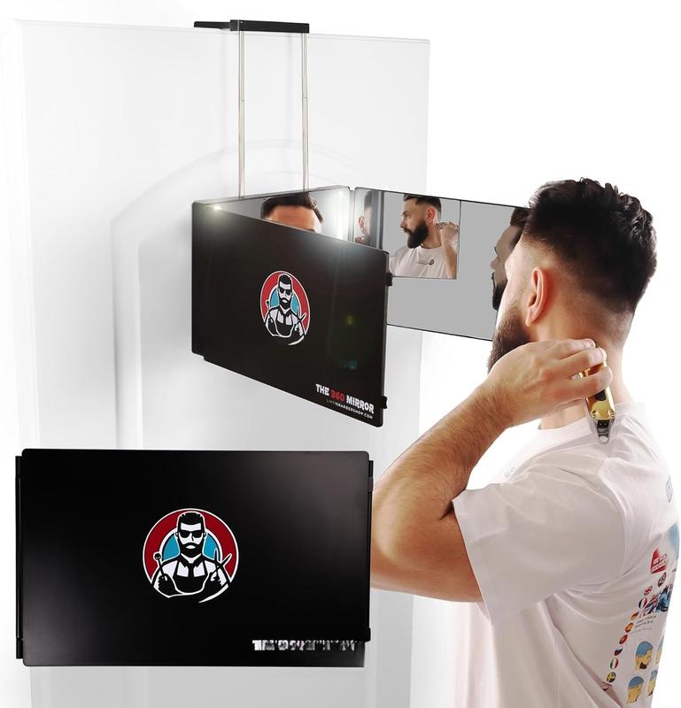 The 360 Mirror - 3 Way Mirror for Self Hair Cutting - Adjustable Trifold Barber Mirror to Cut Your Own Hair - Tri Fold Self Haircut System for Men - Three Sided Mirror for Haircuts (With LED)