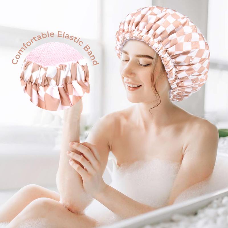 Shower Cap for Women Terry Lined Bath Cap Large Reusable Waterproof Elastic Pink Checkered Band Shower Caps for Long Thick Hair Soft Bath Shower Hair Caps