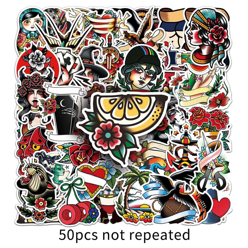 Random Color Decor Sticker, 50pcs Set Cartoon Tattoo Series Pattern Self Adhesive Decor Paper, Decor Naughty Stickers for Water Bottle Laptop Phone Decor, Scrapbook Decorative Materials