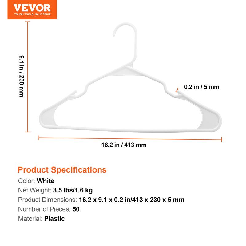 VEVOR Hangers, 0.2 in Ultra-Thin, 50 Pack White Plastic Hangers with Stable Triangular Top Structure & Wider Notch Design , Non-Slip Space Saving Hangers, Fit for T-Shirt, Shirt, Sling & Pant